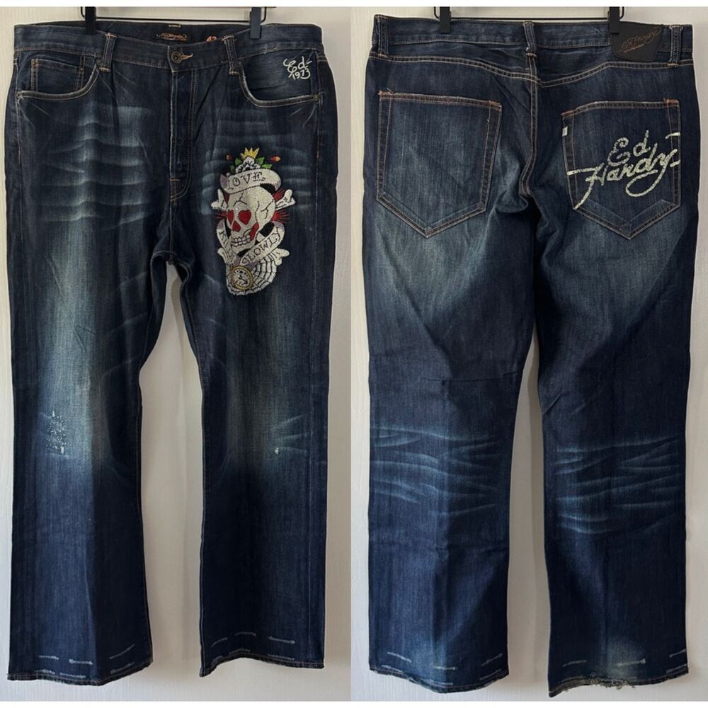Ed Hardy Mens Straight Button Fly Rhinestone Skull Love Kills Slowly Jeans 42x34